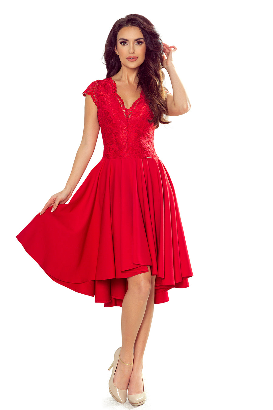 Numoco 300-2 PATRICIA - dress with longer back with lace neckline - Red-5