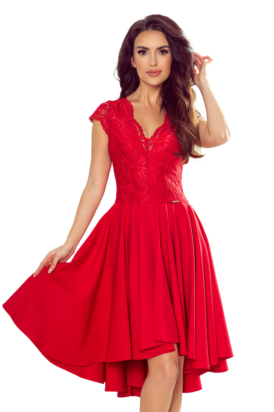 Numoco 300-2 PATRICIA - dress with longer back with lace neckline - Red-6
