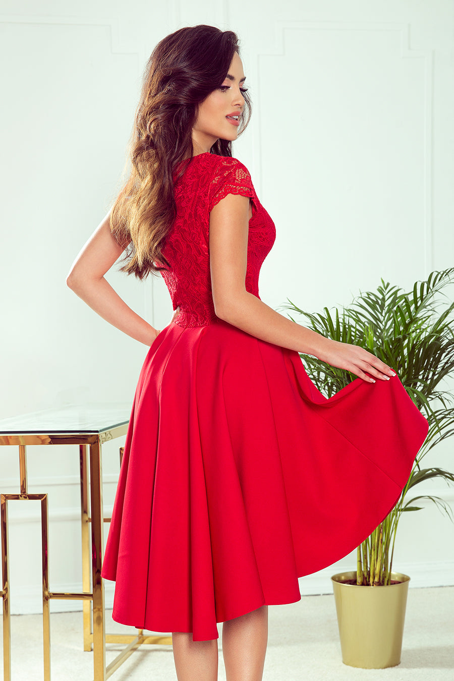 Numoco 300-2 PATRICIA - dress with longer back with lace neckline - Red-3